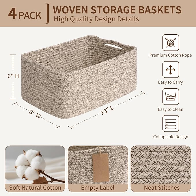 Goodpick 4 Pack Storage Baskets for Shelves, Rectangle Woven Baskets for Organizing, Closet Storage Bins with Handles, Decorative Toy Organizer Basket for Gifts, 13''L x 8''W x 6''H, Brown - Image 3