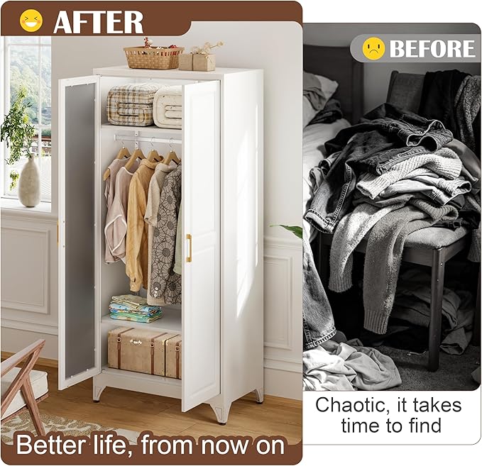 SteeLoong Metal Wardrobe Cabinet with Hanging Rod, 71" Tall Armoire Wardrobe Closet with 2 Mirror Doors and Adjustable Shelves, White Clothing Storage Cabinets for Bedroom, Laundry Room