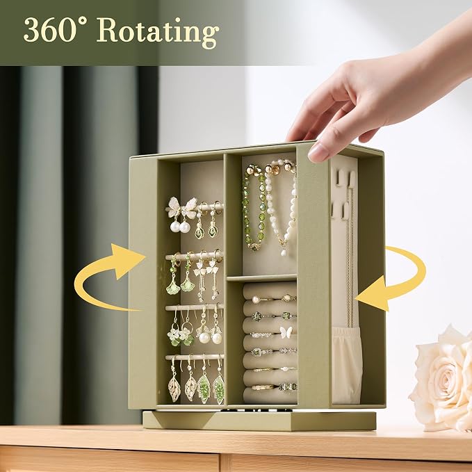 pickpiff Jewelry Box Organizer for Women: 360 Rotating Vertical Storage Case, Black Leather with Blush Velvet, Ring Necklace Bracelet Holder, Gift Decor, 10 x 8.7 x 3.9 in - Image 2