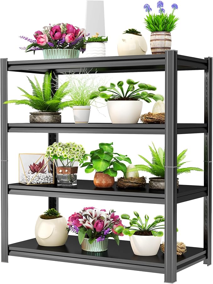 Storage Shelves, Garage Metal Shelving Unit, Adjustable, Double-Layer Column with Reinforced Ribs, Heavy-Duty, Capable of Bearing 600-3600 lbs (Black, 24 * 14 * 44, 4-Tier) by Beaunatixx