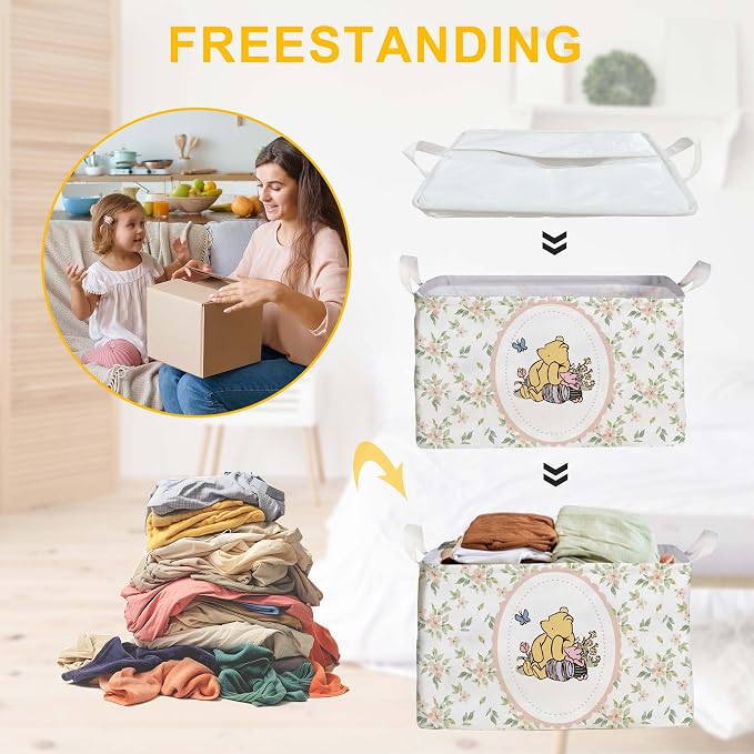 Winnie Nursery Storage Basket With A Waterproof PE Coating,The Pooh Nursery Baby Stuff Storage Baskets Suitable For Bathroom and Bedroom, Foldable Large Canvas Laundry Hamper - Image 4