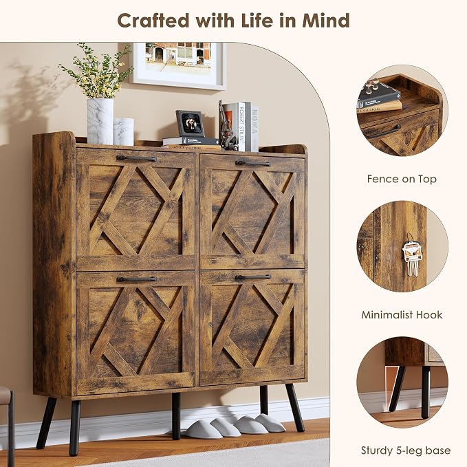 Nicetree Shoe Cabinet Storage for Entryway, Freestanding Shoe Storage Cabinet, Farmhouse Narrow Shoe Rack Cabinet for Entryway, Foyer, Hallway, Shoe Cabinet 4 Flip Drawers, Rustic Brown - Image 6