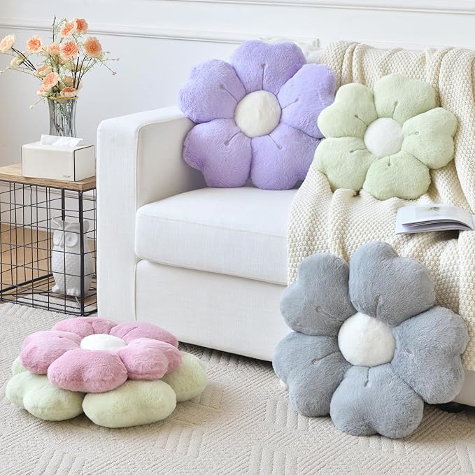 Flower Pillow, Flower Shaped Pillow Decorative Throw Pillows for Bed Couch, Cute Daisy Pillow Dorm Decor Floor Seating Cushion (Grey Pink, 15 Inches)