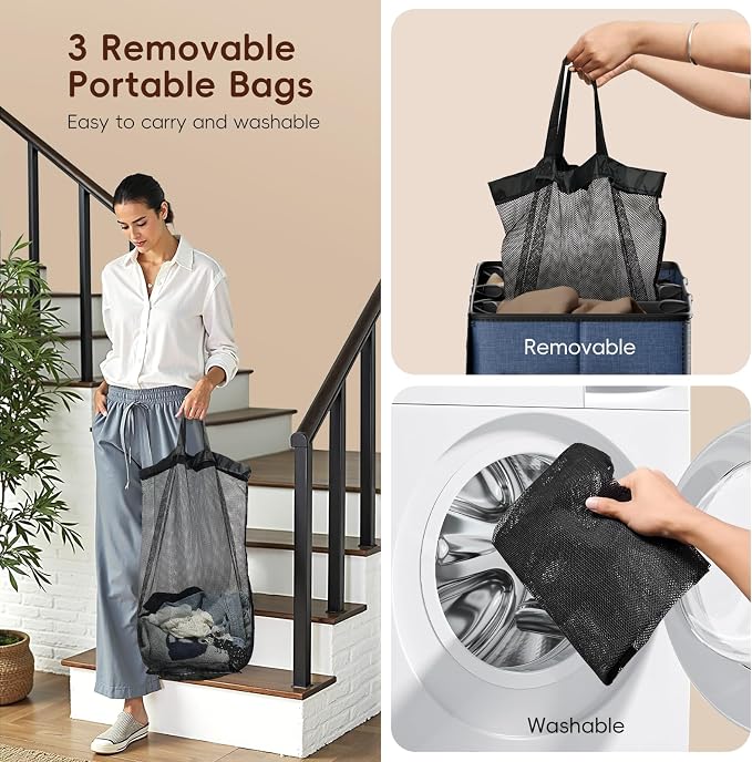 185L Laundry Hamper 3 Section, Laundry Hamper with Lid, Dirty Clothes Hamper with 3 Removable Washing Bags, Extra Large Laundry Basket Organizer for Bedroom, Laundry Room, Dorm - Navy Blue - Image 6