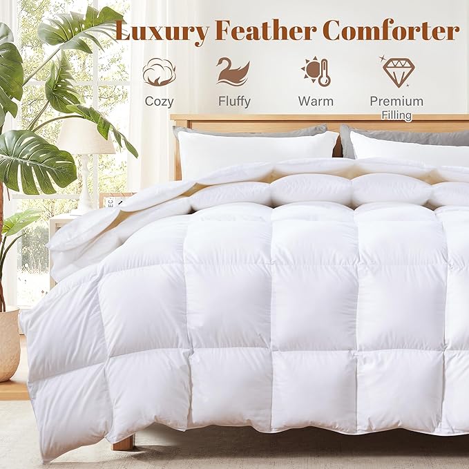 Cosybay Heavyweight Twin Size Feather Down Fiber Comforter - Thicker Winter Duvet Insert, Ultra Soft 100% Cotton Cover, Luxury Hotel Bedding with Corner Tabs, White,68"x90"