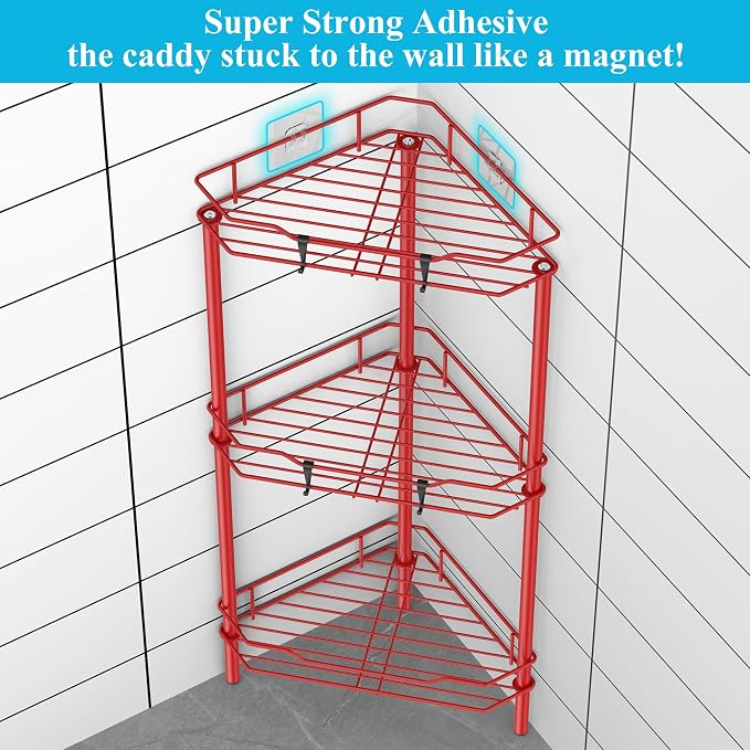 HuggieGems 3 Tier Floor Standing Corner Shower Caddy Organizer Shelf with Hooks, Bathroom Shelves Stand Rack, Red - Image 2
