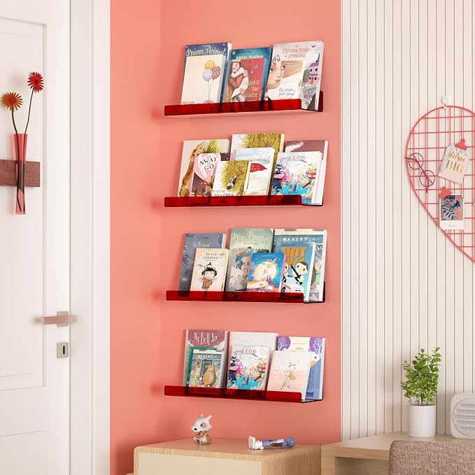 upsimples Acrylic Shelves for Wall Decor, 15" Display Shelf Perfume Organizer for Bathroom, Bedroom, Living Room, Floating Bookshelves for Kids, Clear Red, 4 Pack - Image 4