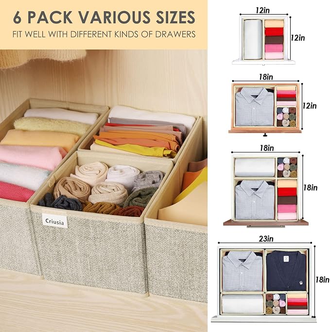 Criusia Underwear Drawer Organizer, 6 Set Foldable Underwear Drawer Organizer and Closet Dividers,Storage Box for Clothes, Socks, Underwear (6 Bins, Beige) - Image 3