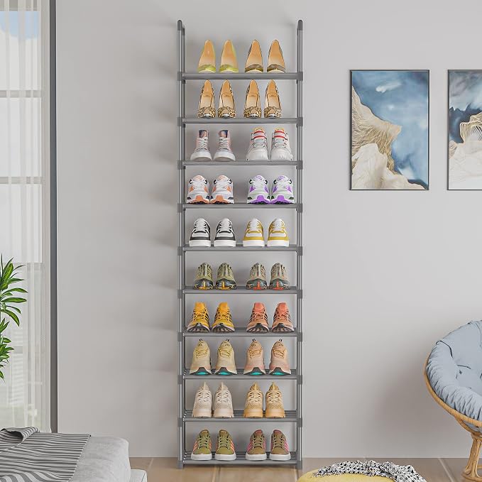 OYREL 10-Tier Metal Shoe Rack, Narrow Shoe Rack Organizer, Sturdy Shoe Shelf for Closets, Entryway, Bedroom, Garage - Silver - Image 2