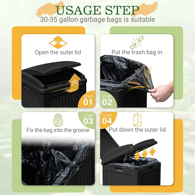 Greesum 33 Gallon Outdoor Trash Can with Lid, Waterproof Resin Garbage Bin for Hideaway, Deck, Patio, Black - Image 2