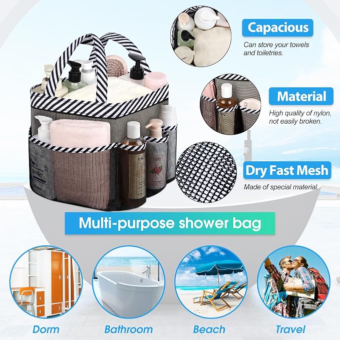 Attmu Mesh Shower Caddy Portable for College Dorm Room Camping Essentials, Shower Caddy Dorm with 9-Pockets, Large Capacity Hanging Basket Bathroom Bag for Toiletry, Swimming, Gym, Camp, Beach - Image 2