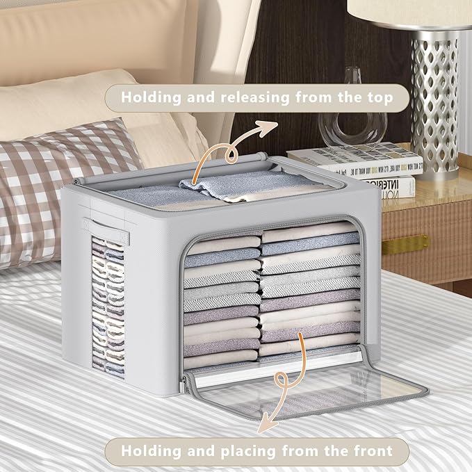 CYhom 3Pack Frame Storage Box - Clothes Storage Bin Bags Oxford Fabric Foldable Stackable Container Organizer Set with Clear Window & Carry Handles Large Capacity (Grey, Large-66L) - Image 2