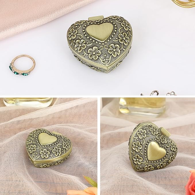 Hipiwe Vintage Heart Shape Jewelry Box - Small Antique Ring/Earrings/Necklace Storage Organizer Case, Metal Treasure Chest Trinket Keepsake Gift Box for Women,Bronze - Image 4
