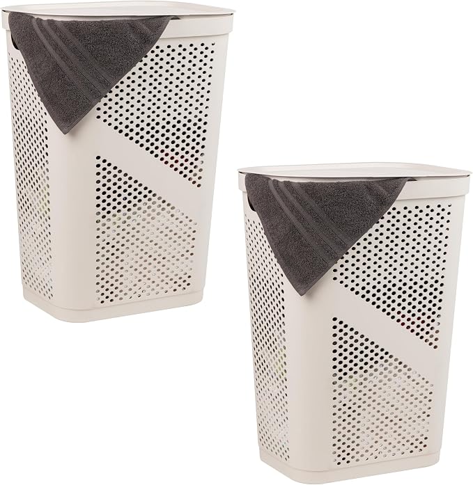 Mind Reader 60L Slim Laundry Hamper, Clothes Basket, Lid, Ventilated, Plastic, Set of 2, Ivory by MindReader