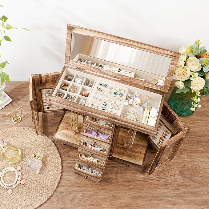 Miratino Jewelry Box for Women Girls, Rustic Wooden Jewelry Organizer Box with Mirror, 5 Layer Jewelry Storage Case Display for Necklaces Earrings Rings Bracelets Valentine's Day Gifts - Image 7