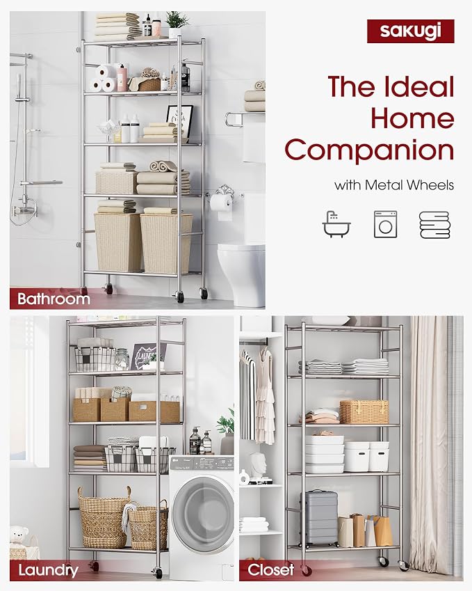 Sakugi Storage Shelves Organizer - 5 Tier Metal Shelf Organizer with Metal Wheels and Adjustable Leveling Feet, Heavy Duty Garage Shelving for Kitchen, Pantry and Closet, 33.1"x12.6"x73.5", Sliver - Image 8