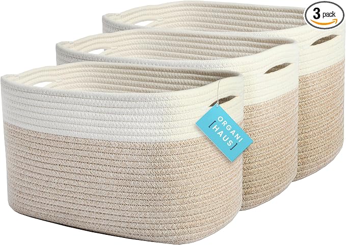 OrganiHaus Rope Baskets for Shelves - Set of 3 Woven Storage Baskets for Organizing, Closet & Toy Storage - Light Honey/Off-White - 15x9x10 by OrganiHaus