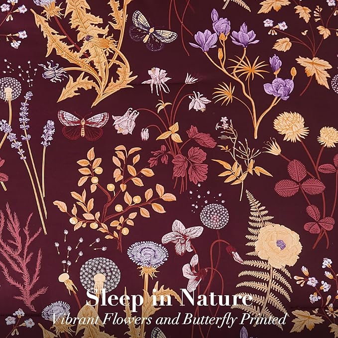 Yiran Queen Comforter Set 7 Piece, Burgundy Floral Bedding Set, Bed in a Bag Queen Size with Botanical Flowers Spring, Soft Lightweight Dark Red Comforters with Sheets Complete for All Season