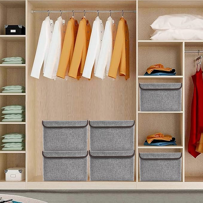 Bagnizer Large 22 Quart Linen Fabric Foldable Storage Bin Cube Organizer Basket with Flip-Top Lid & Handles, Clothes Blanket Box for Home, Office, Closet, Gray, 4 Pack 14.6 x 9.5 x 9.5” - Image 6