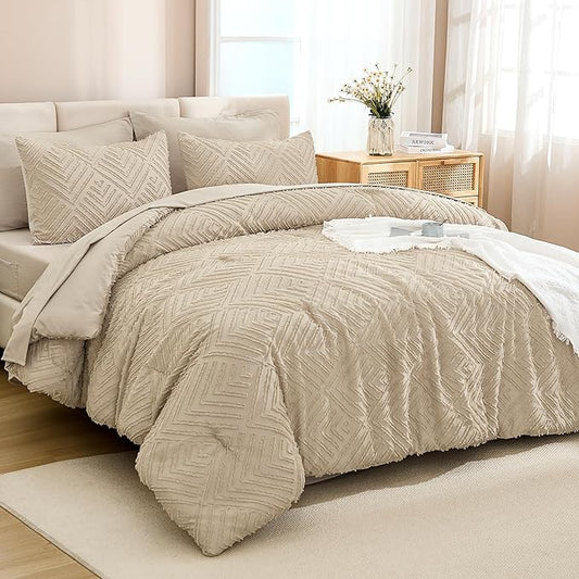 Andency Khaki Super King Plus Size Comforter Set with Sheets - 7 Pieces Bed in a Bag Boho Tufted Bedding Sets Fluffy Lightweight Oversized King Bed Set with Comforter, Sheets, Pillowcases & Shams