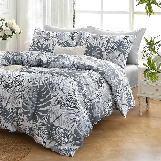 MUXHOMO Black&Grey Bed in a Bag Queen 7 Pieces, Queen Comforter Set Reversible Botanical Flowers Design, Ultra Soft & Breathable Bedding Sets with Comforter, Sheets, Pillowcases & Shams