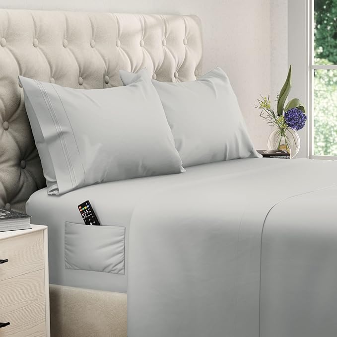 DREAMCARE Twin XL Sheet Sets - 4 pcs Breathable Cooling Bed Sheets - up to 15" Deep Pocket Twin XL Sheets Set with Side Pockets -Extra Soft 100% Brushed Hypoallergenic Hotel Luxury Bedding -Light Gray