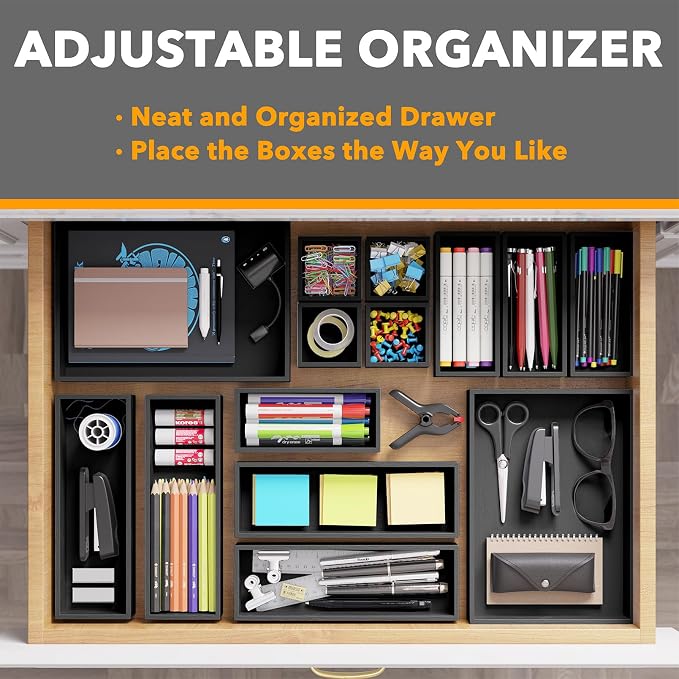 SpaceAid 14-Piece Bamboo Drawer Organizer Storage Boxes Set, Wood Tray Junk Drawer Organizers Multi-Use Divider Bins for Kitchen, Bathroom, Office Desk and Makeup Organization (14 Pack, Black) - Image 5