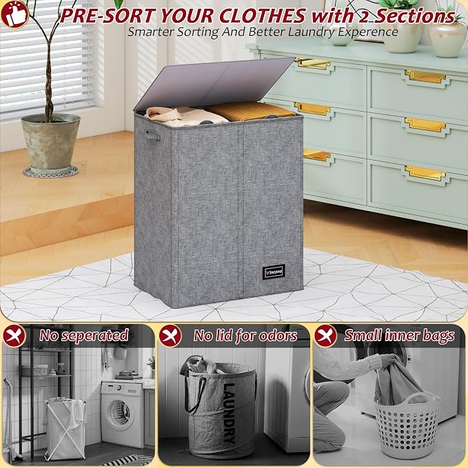 150L Laundry Hamper 2 Section, Large Laundry Hamper with Lid, Dirty Clothes Hamper with 2 Removable Inner Bags, Collapsible Laundry Basket Organizer for for Clothes Toys Towels, Hamper 2 Compartment - Image 3