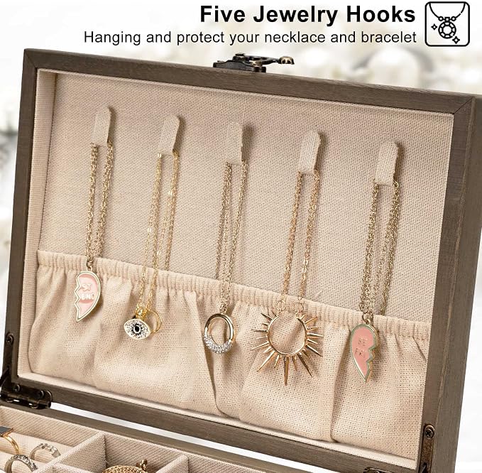 Pinzoveco Jewelry Box for Women, Rustic Wooden Jewelry Organizer Box for Storage Earrings Rings Necklace Bracelet, Farmhouse Style Wood Jewelry Boxes & Organizers (Gray) - Image 4