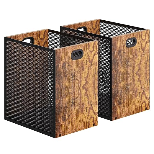 Retro Office Trash Can, Iron and Wood Combination Bedroom Garbage Can, Rectangular Design Wastebasket with Handle, Industrial Style Trash Can for Home Office, 11.02" X 7.87" X 11.81" 4.5 Gallon (2) by Huxitocan