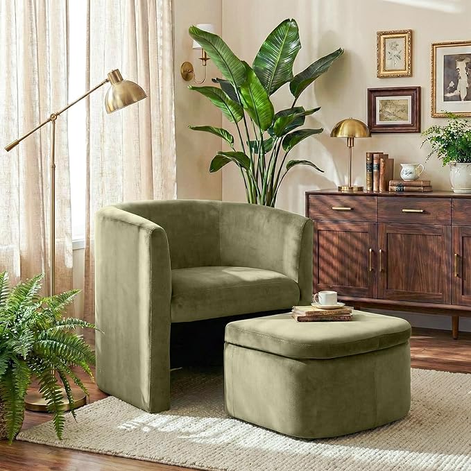COLAMY Morden Velvet Living Room Side Chair with Storage Ottoman Set of 2, Single Sofa Armchair with Lounge Seat, Upholstered Barrel Accent Chair for Bedroom/Office/Reading Spaces, Green