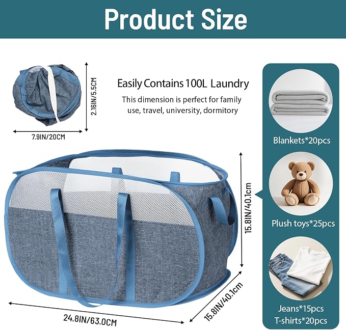 100L Collapsible Laundry Baskets, Tear Proof Pop Up Laundry Hamper with Dual Handles, Large Foldable Laundry Basket, Easy to Carry Laundry Hamper for Home, Laundry Room, Bedroom, Dorm, Travel Blue - Image 4