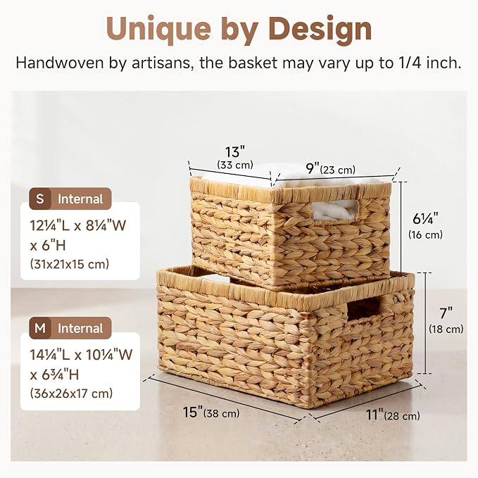 StorageWorks Wicker Storage Baskets, Handwoven Water Hyacinth Basket for Organizing, Decorative Organizers with Built-in Handles, Set of 2 - Image 3