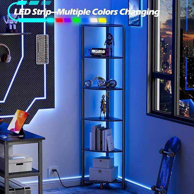 Furnulem 6 Tier Corner Shelf with LED Light, 67.5” Tall Standing Shelf Organizer, Black Narrow Bookshelf with Storage Rack for Wall Corner, Living Room, Bedroom, Metal Frame, Wood Display Shelf - Image 4