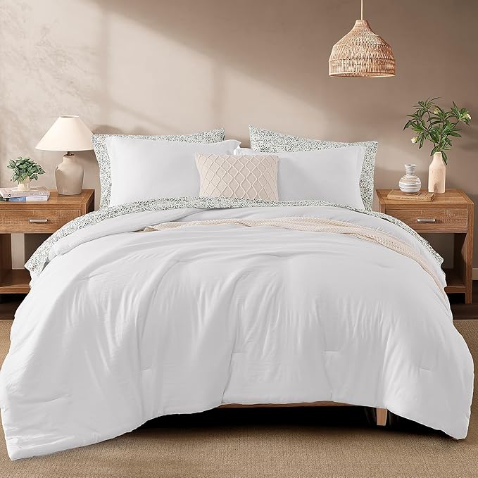 Monbix Full Size Comforter Set - 7 Pieces White Prewashed Bed in a Bag Full Bedding Sets with Comforters, All Seasons Ultra Soft Comforter Bed Set with Sheets, Pillowcases & Shams