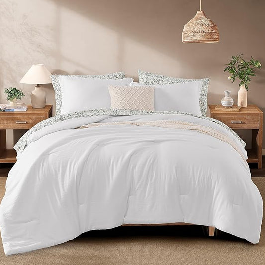 Monbix Queen Comforter Set - 7 Pieces White Prewashed Bed in a Bag Queen Bedding Sets with Comforters, All Seasons Ultra Soft Comforter Bed Set with Sheets, Pillowcases & Shams