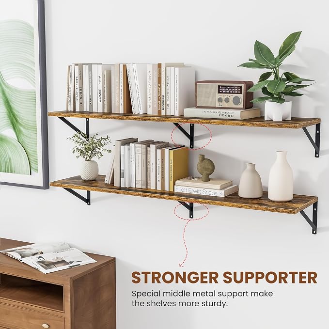 Heimlove Deep Floating Shelves for Wall, 48W x 12D Wood Wall Shelves Set of 2, Wide Floating Bookshelf for Living Room, Kitchen, Office, Bedroom and Decor Storage, with Metal Bracket - Rustic Brown - Image 4