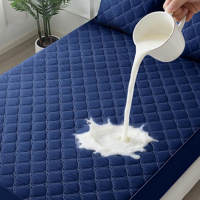 Waterproof Mattress Protector - King Size Mattress Pad Silent & Fitted Sheet Style | Full Bed Protection for Kids, Pets, Adults | Hypoallergenic, Machine Washable (Blue, King)