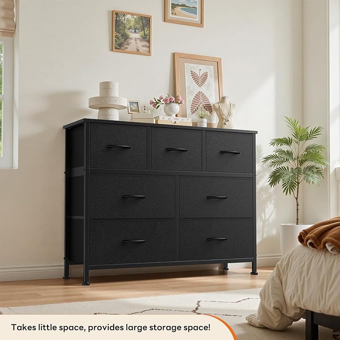 Sweetcrispy 7 Drawer Dresser with Fabric Bins Fabric Storage Tower Organizer for Bedroom Closet Hallway Entryway Tall Chest of Drawers with Steel Frame Wood Top Easy Pull Handles,Black - Image 4