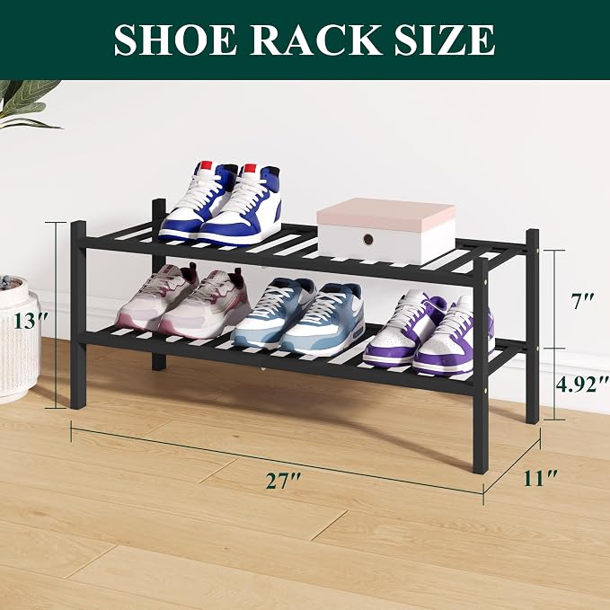 Smiry Bamboo Shoe Rack for Closet, 2 Tier Wooden Stackable Shoe Organizer, Free Standing Shoes Storage Shelf for Entryway, Front Door Entrance, Black - Image 2