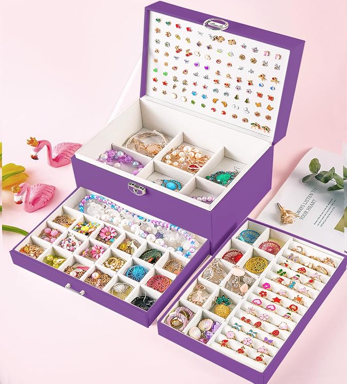 QBestry Earrings Jewelry Box for Girls, 5 Layers Jewelry Organizer with Earring Holder Organizer for Girls Earring Organizer Jewelry Boxes for Women Earrings and Necklaces Jewelry Box Organizer Purple - Image 3