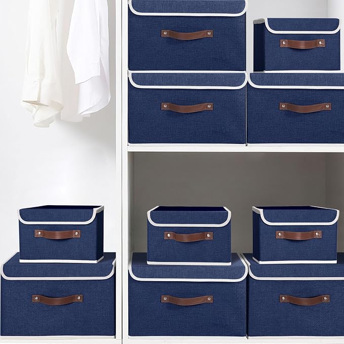ANMINY Storage Bin with Lid Storage Boxes with PU Leather Handles PP Plastic Board Decorative Foldable Lidded Cotton Linen Fabric Home Cubes Baskets Closet Organizer Container - Blue, Medium - Image 7