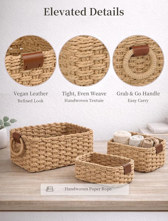 Storage Basket, Recycled Paper Rope Basket Organizer, 3Pcs Small Baskets for Organizing, Mini wicker Basket for Decorative Storage Bins, Shelves, Cabinet - Brown - Image 4