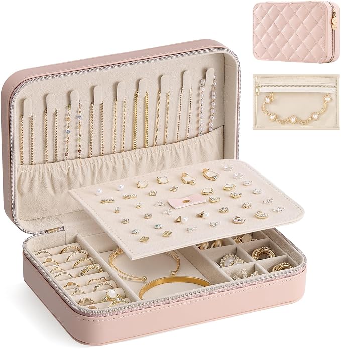 Lolalet Travel Jewelry Case for Women Girls, PU Leather Jewelry Organizer with Clear Storage Bag Small Portable Jewelry Box for Necklace Bracelet Earring Ring Mothers Day Birthday Gifts -Large/Pink by Lolalet