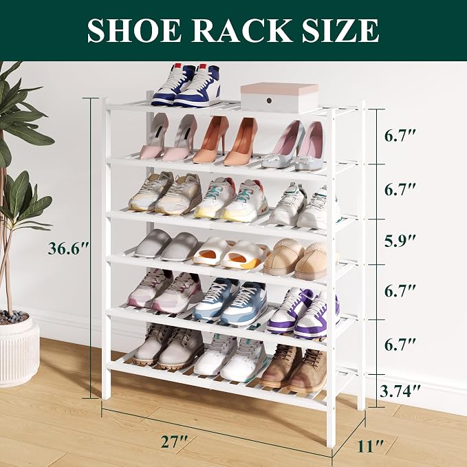 Smiry Bamboo Shoe Rack for Closet, 6 Tier Wooden Stackable Shoe Organizer, Free Standing Shoes Storage Shelf for Entryway, Front Door Entrance, White - Image 2