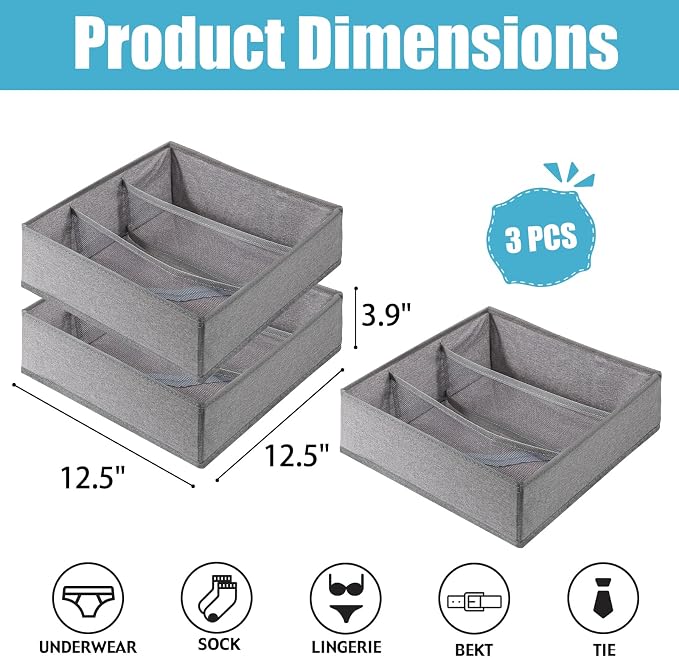 Bra Storage Drawers Organizer for Clothing Underwear Dresser Drawer Organizer Dividers Foldable Storage Cube Bins for Bra, Underwear,3 Pack （Grey） - Image 2