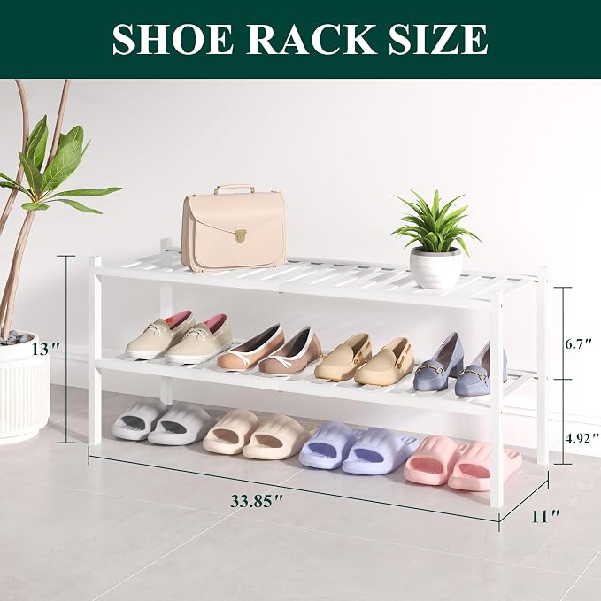 Smiry Bamboo Shoe Rack for Closet, 2 Tier Long Wooden Stackable Shoe Organizer, Free Standing Shoes Storage Shelf for Entryway, Front Door Entrance, White - Image 2