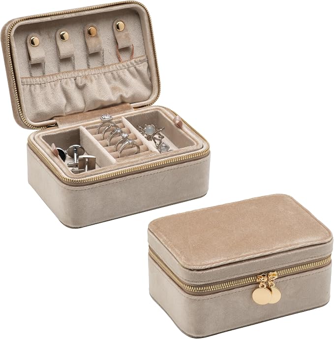 Velvet Travel Jewelry Organizer Box with Zipper Around Portable Accessory Display Tray Holder Storage Case for Multiple Earrings Rings Necklaces Bracelets (Beige) - Image 2