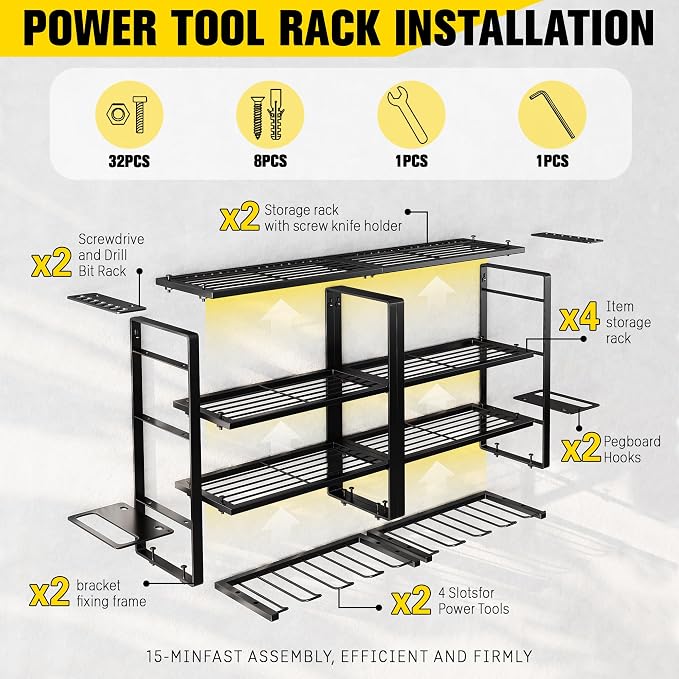 Hipidian Power Tool Organizer Wall Mount - Storage Rack with 4 Drill Holders for Drills Cordless Tools. Heavy Duty Iron Garage Tool Organizer Storage for Workshop Shed (4 Slots 4 Layers 2 Pcs) - Image 2