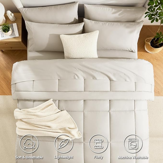 CozyLux King Size Comforter Set Beige, 7 Pieces Bed in a Bag, Beige Comforter King Size, All Season Bedding Sets with Stitch Quilted Comforter, Flat Sheet, Fitted Sheet, Pillowcases